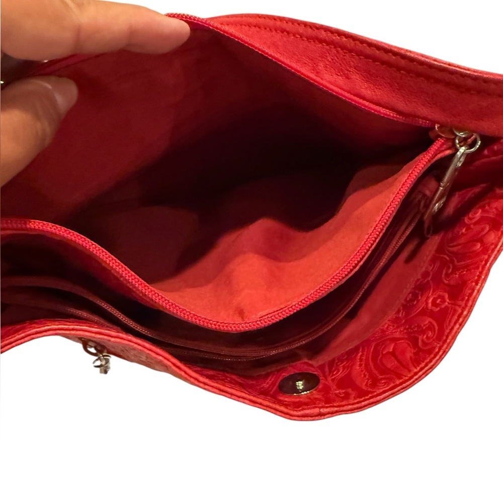 Genuine Leather Red Embossed Paisley Style Shoulder Bag with Adjustable Straps - Picture 7 of 15